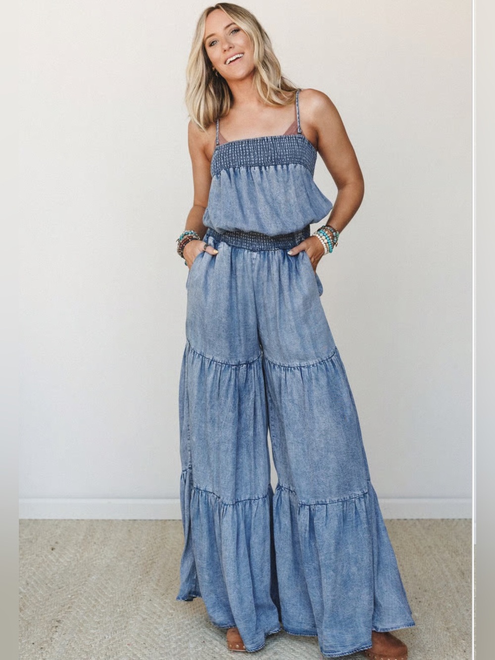 Three Bird Nest Harlow Wide Leg Chambray Jumpsuit Sz M